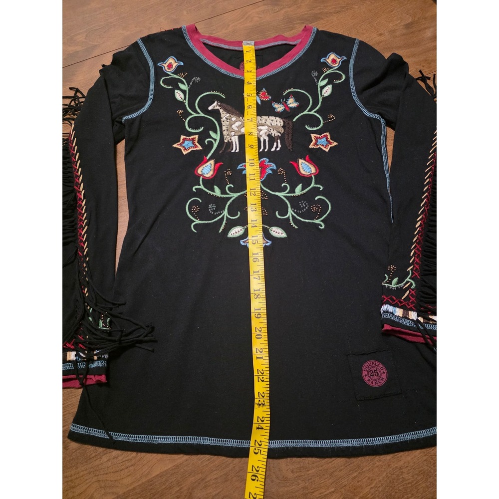 Double D Ranch Western Embroidered Horse Fringe Long Sleeve Top Black Small - Picture 2 of 12